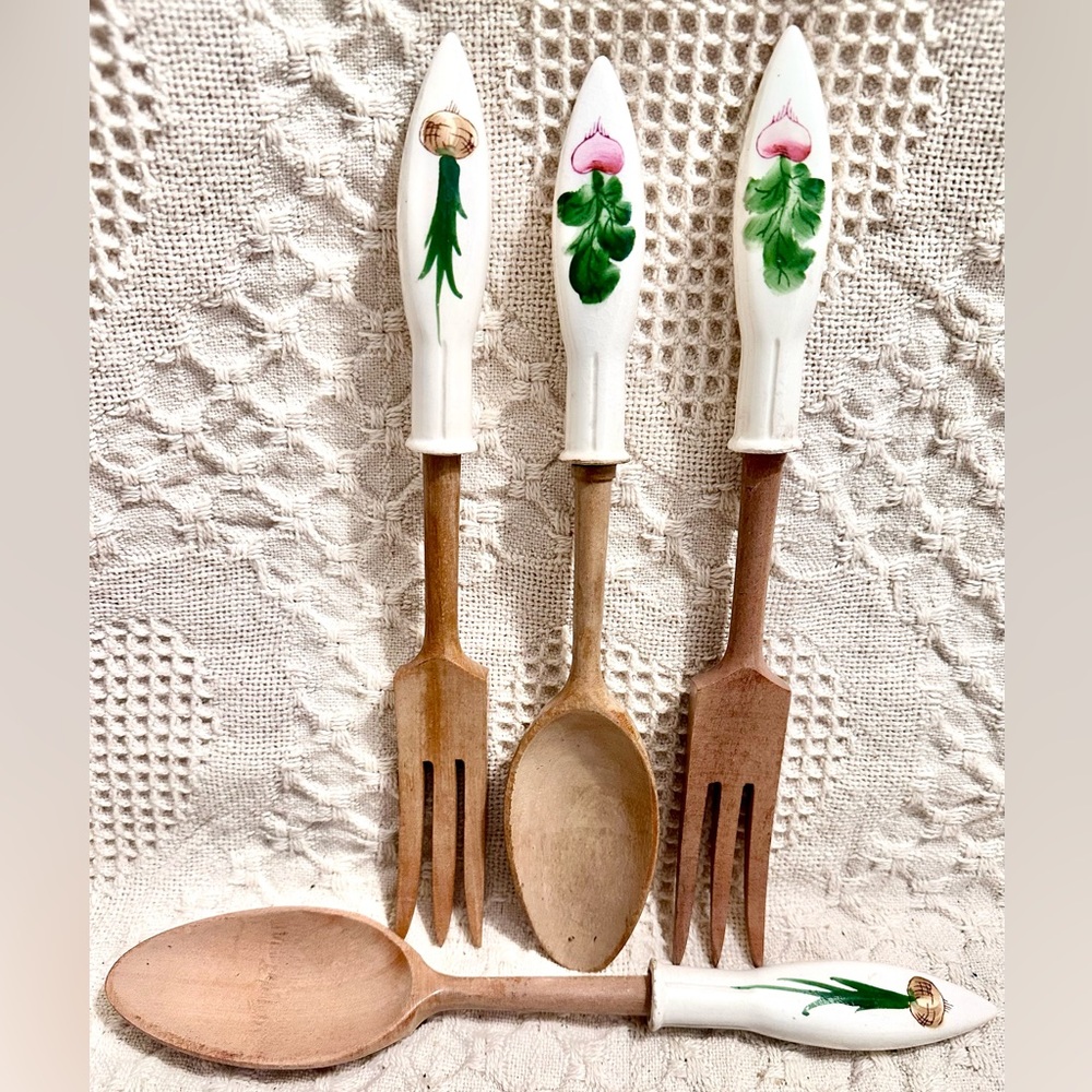 4 Vtg Salad Serving/Cooking Spoons and Fork Set, Teak Wood and Ceramic Handles
